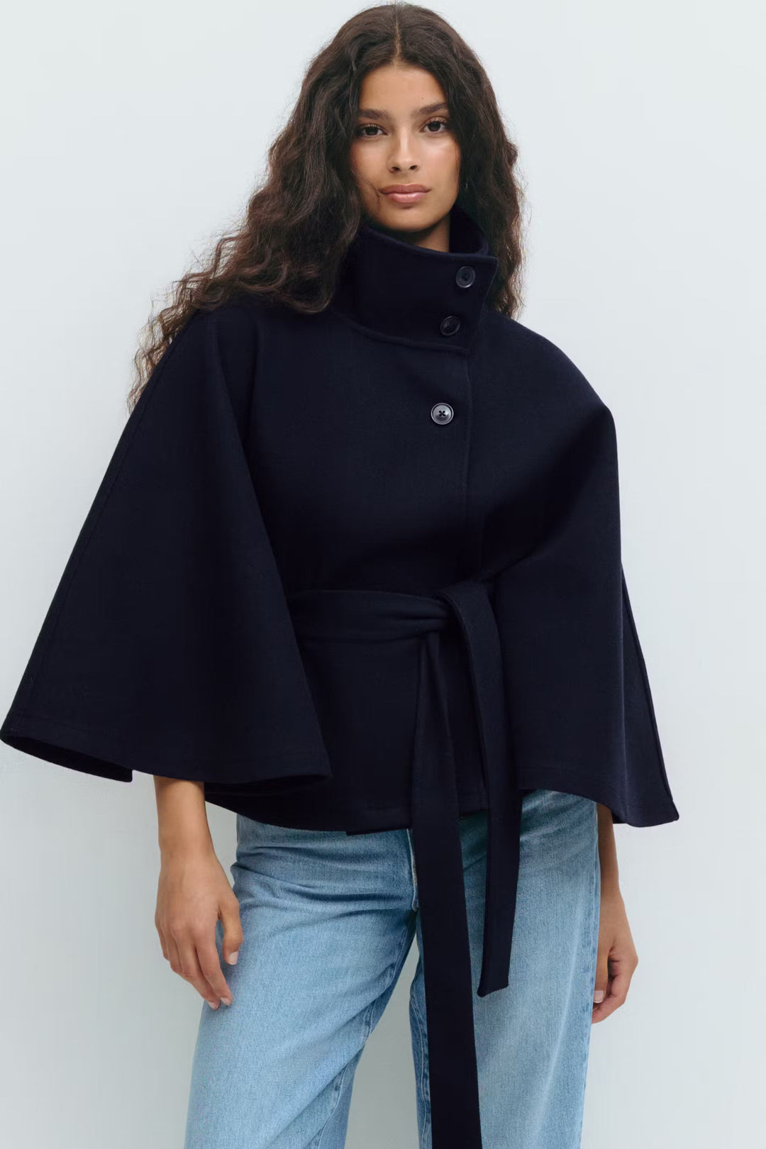 Lara | Cape Coat with Belt and Stand-up Collar