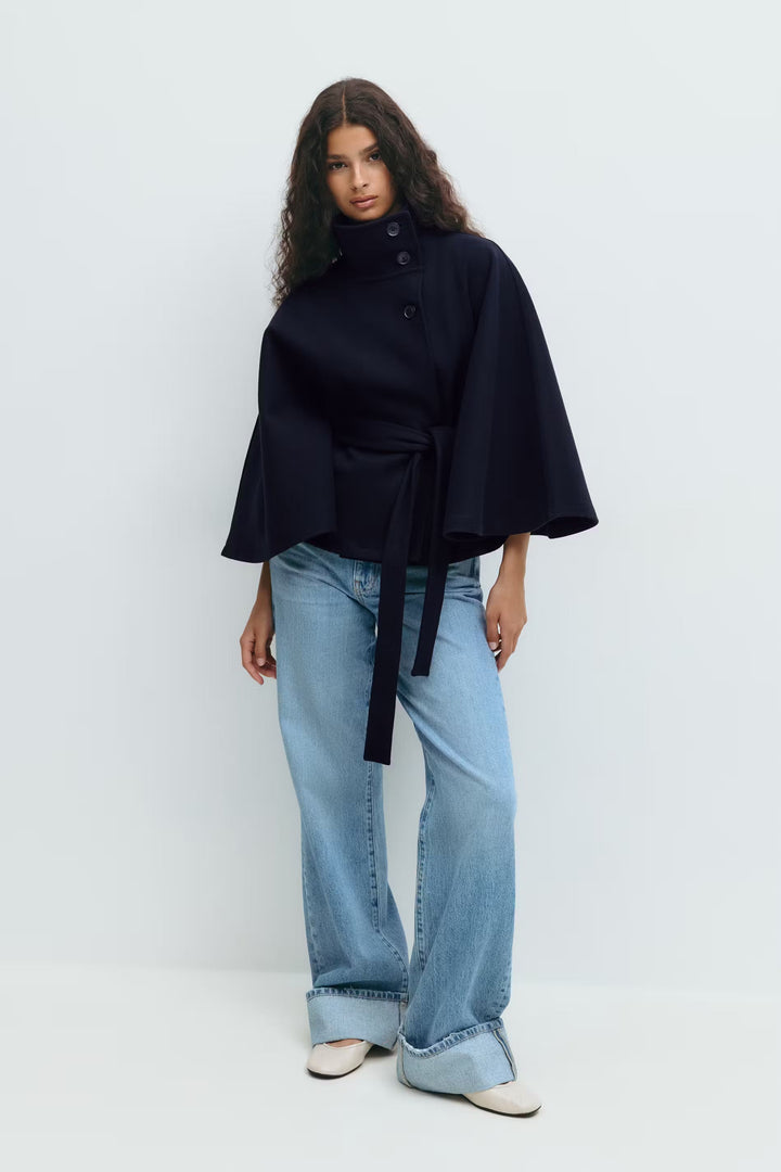 Lara | Cape Coat with Belt and Stand-up Collar