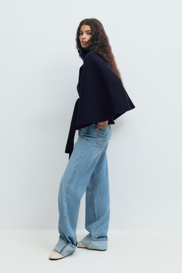 Lara | Cape Coat with Belt and Stand-up Collar