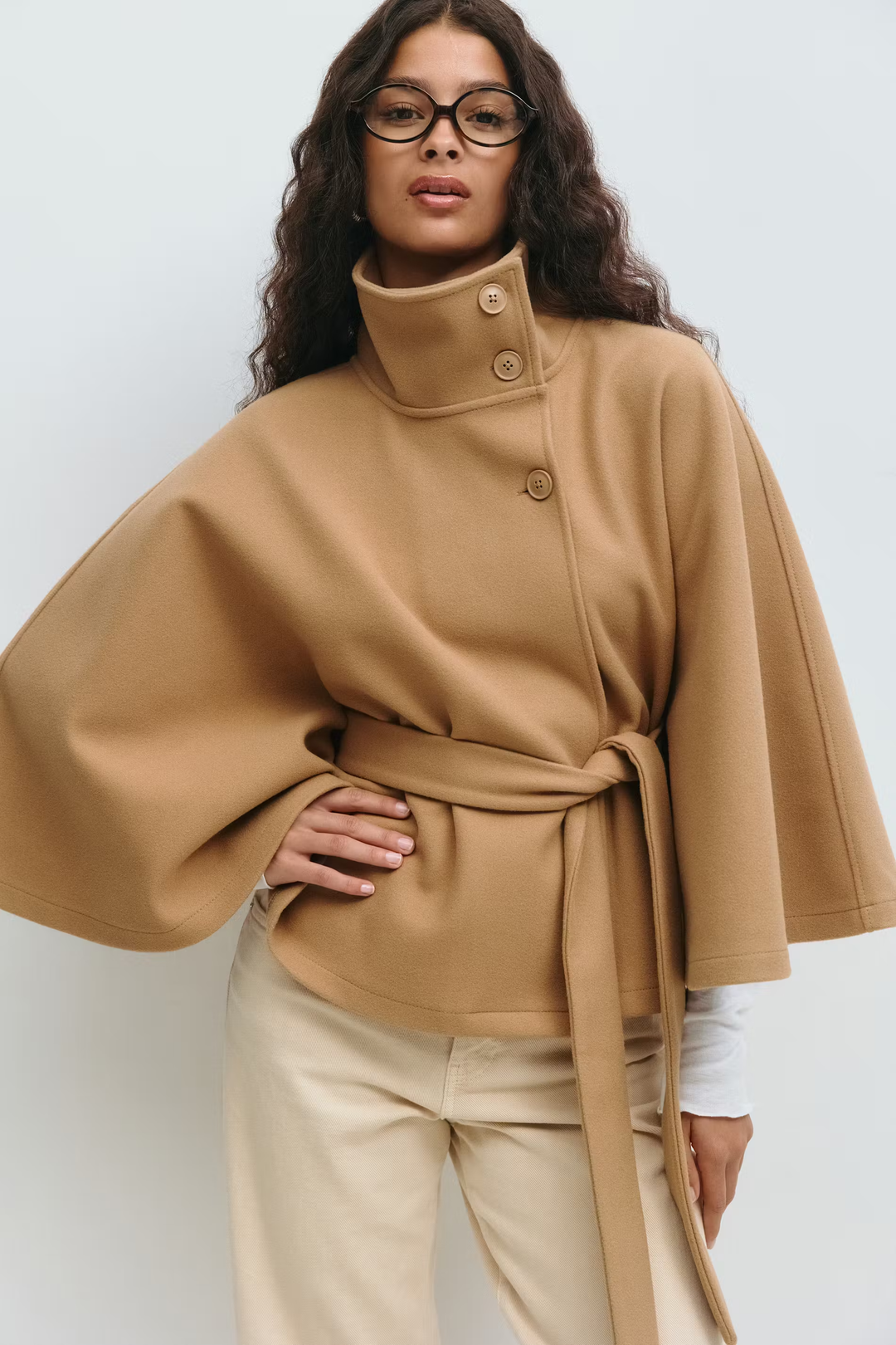 Lara | Cape Coat with Belt and Stand-up Collar