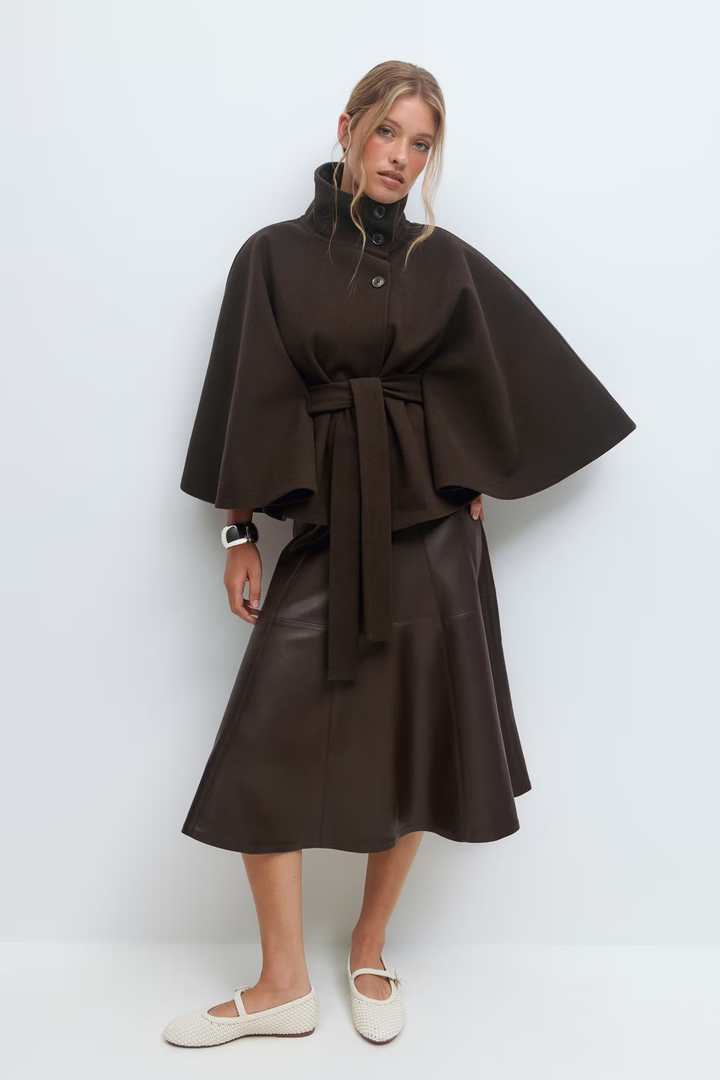 Lara | Cape Coat with Belt and Stand-up Collar