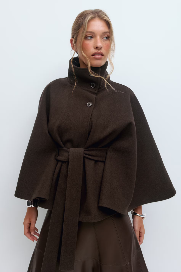 Lara | Cape Coat with Belt and Stand-up Collar