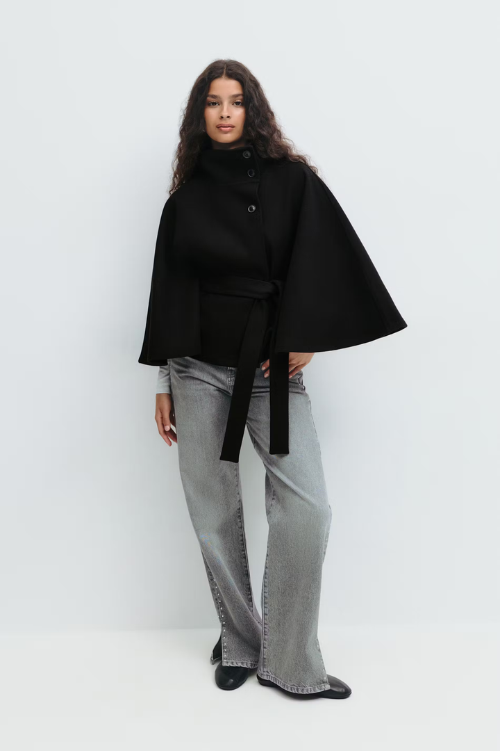 Lara | Cape Coat with Belt and Stand-up Collar