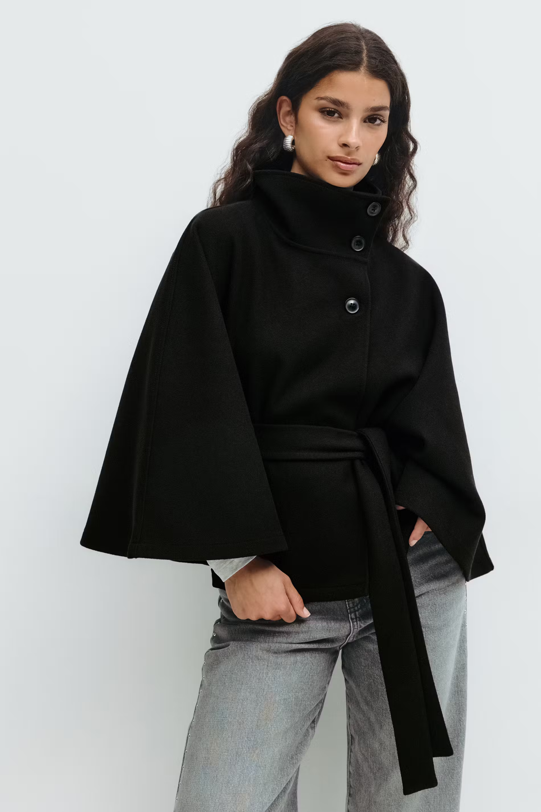 Lara | Cape Coat with Belt and Stand-up Collar