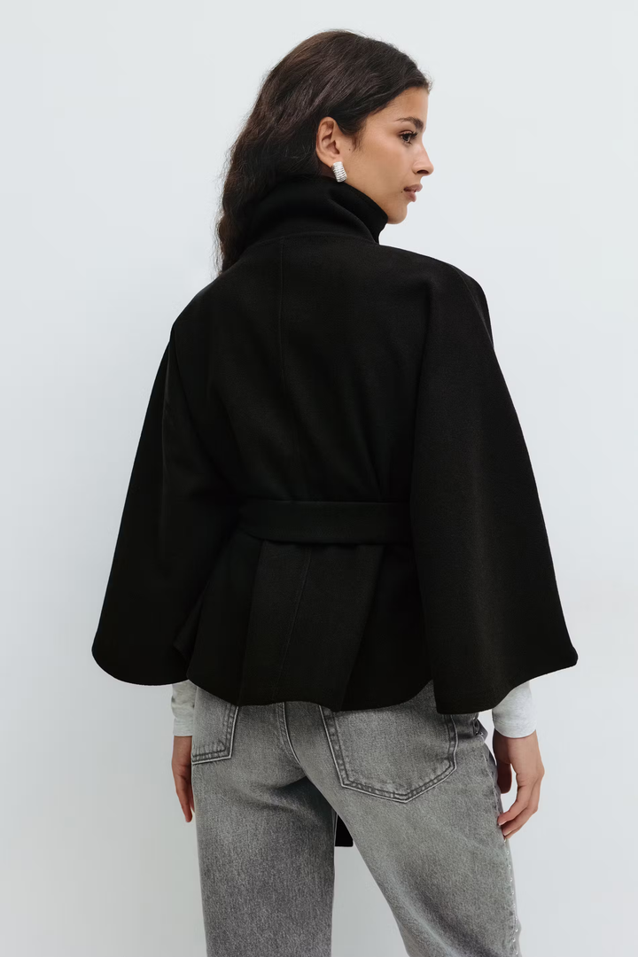 Lara | Cape Coat with Belt and Stand-up Collar