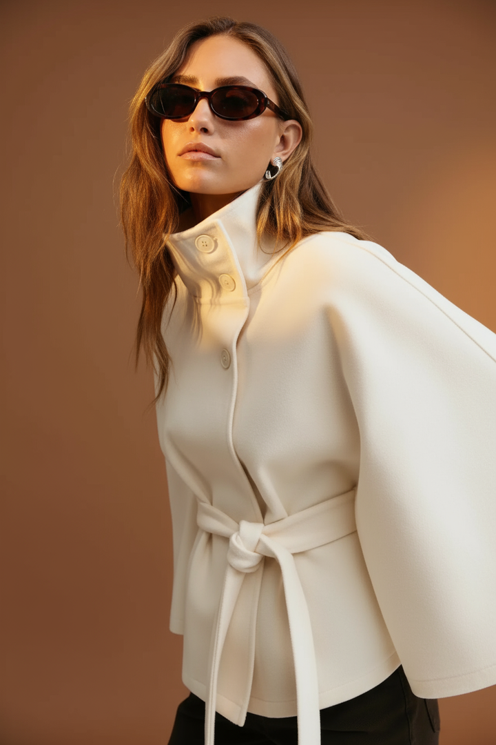 Lara | Cape Coat with Belt and Stand-up Collar